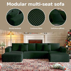 CHORRO134.6''Sectional Couch for Livingroom,Modular Corduroy Cloud Couch, U-Shaped Sofa with Chaise and Pillows,4-Deep Seat Sectional Sofa with 1 Ottoman,(Green,Left Chaise)