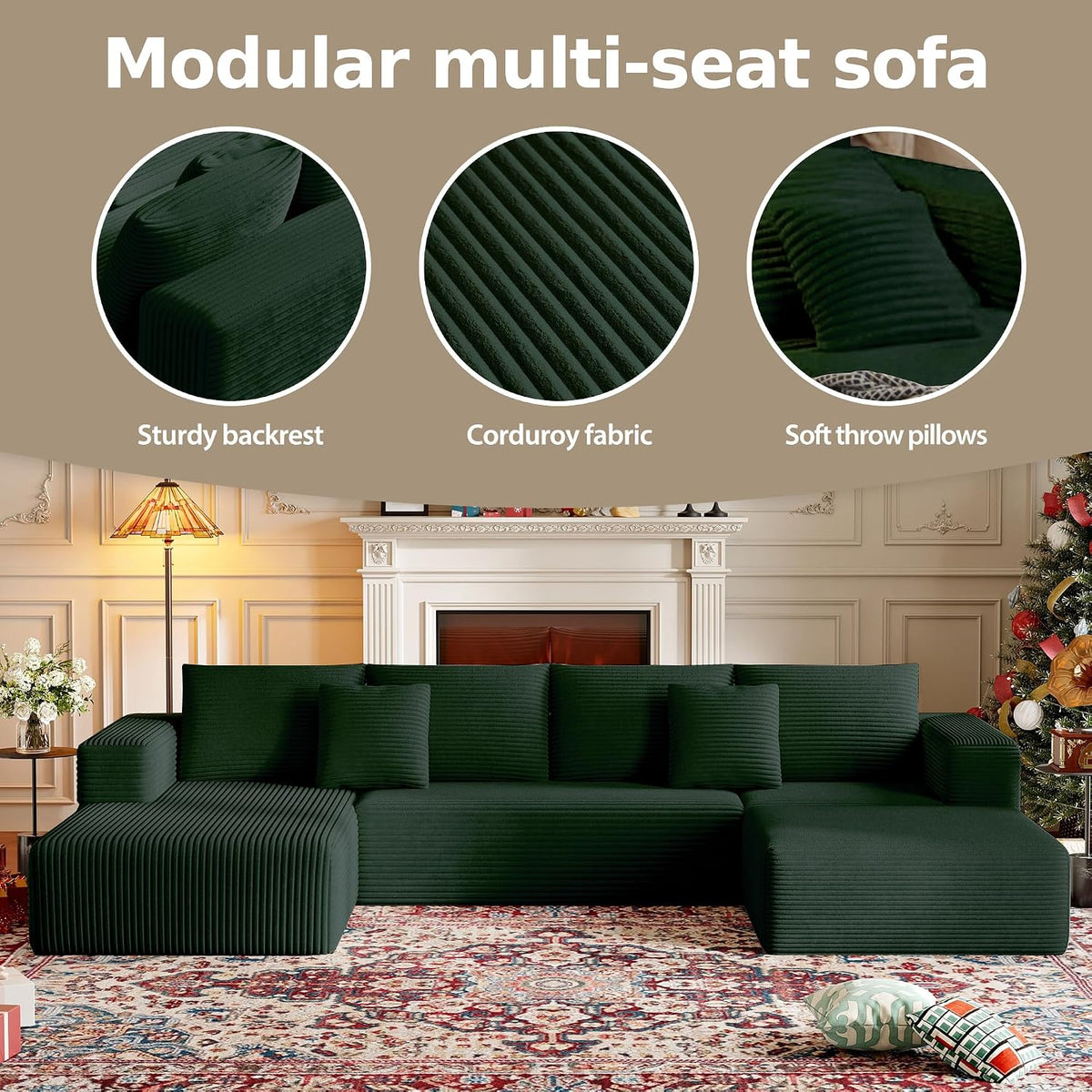 CHORRO134.6''Sectional Couch for Livingroom,Modular Corduroy Cloud Couch, U-Shaped Sofa with Chaise and Pillows,4-Deep Seat Sectional Sofa with 1 Ottoman,(Green,Left Chaise)