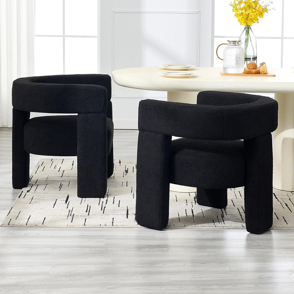 Sherpa Barrel Accent Chairs Set of 2, Modern Boucle Dining Room Chairs, Comfy Upholstered Side Chair with Arm, Cozy Sitting Chair for Bedroom/Kitchen/Living Room/Office, Black