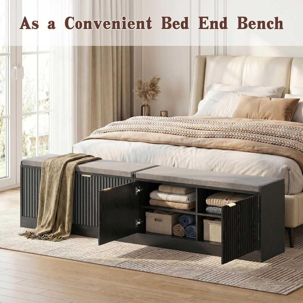 Fluted Shoe Storage Bench with Cushion, 2-Tier Entryway Shoe Bench with Adjustable Shelves, Hidden Shoe Cabinet Bench with 2 Doors for Hallway, Living Room, Bedroom End of Bed,Black