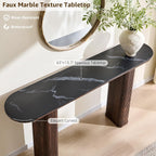 OKD 63 Inch Modern Console Table with Arc Faux Marble Texture Top, Fluted Wood Base, Contemporary Entryway Sofa Table for Living Room, Hallway, Foyer, Dark Walnut