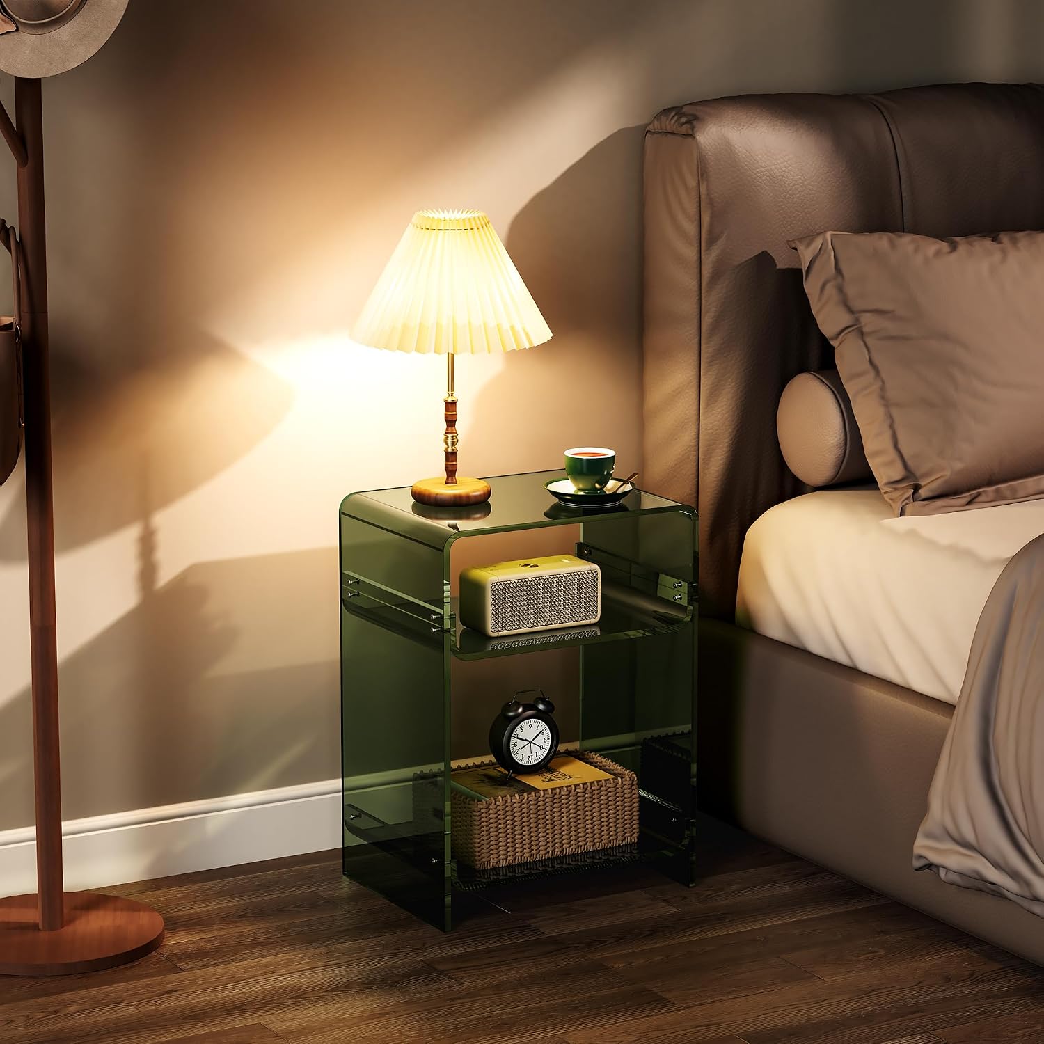 Acrylic Record Player Table with Storage Shelf, Clear Side Table Nightstand (Green, Medium)