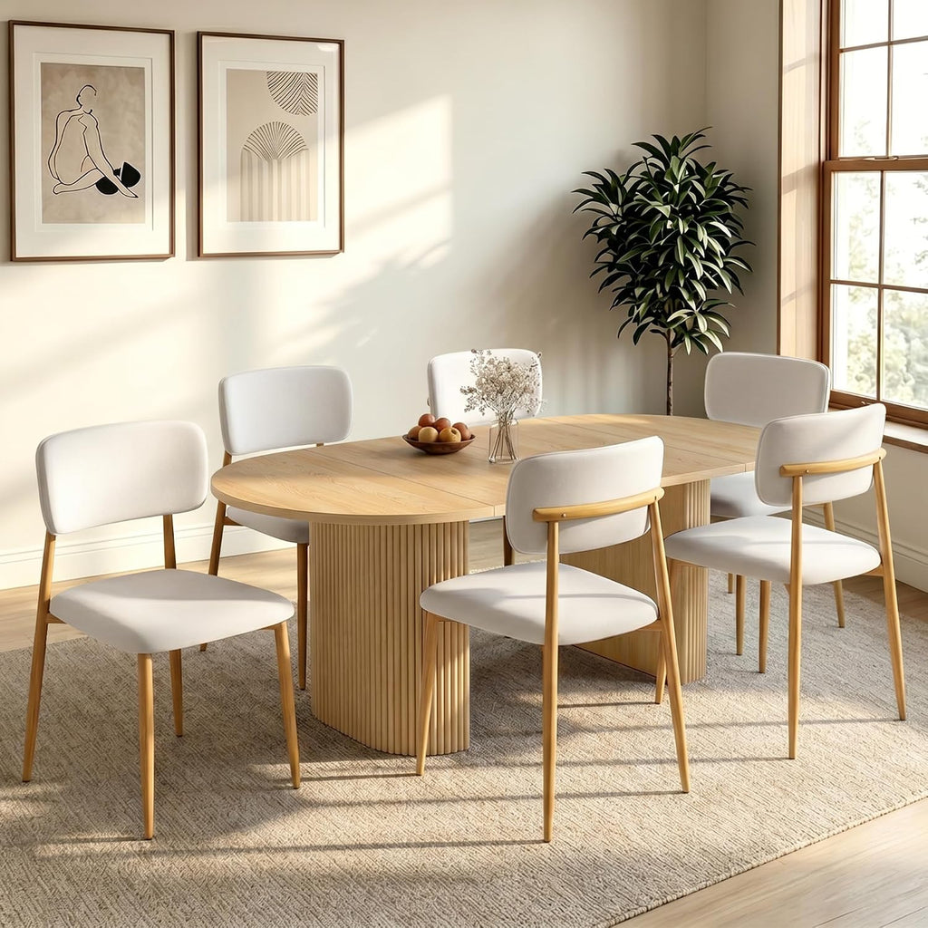 weselon Mid-Century Modern Dining Chairs Set of 4, Upholstered Velvet Dining Room Chairs with Ergonomic Curved Backrest, Wood Grain Metal Frame with Adjustable Feet (Natural Frame+Gray White Seat, 4)