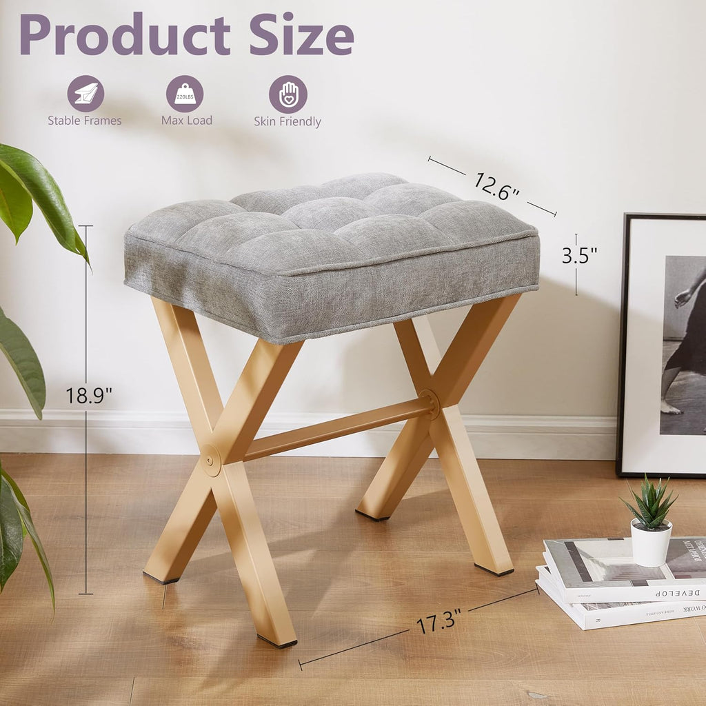 Royal Windsor Vanity Stool,Small Makeup Chair with Metal X Legs | Square Foot Stool,Modern Vanity Chair,Upholstered Vanity Seat for Entryway,Bedroom and Living Room,Light Grey+Yellow