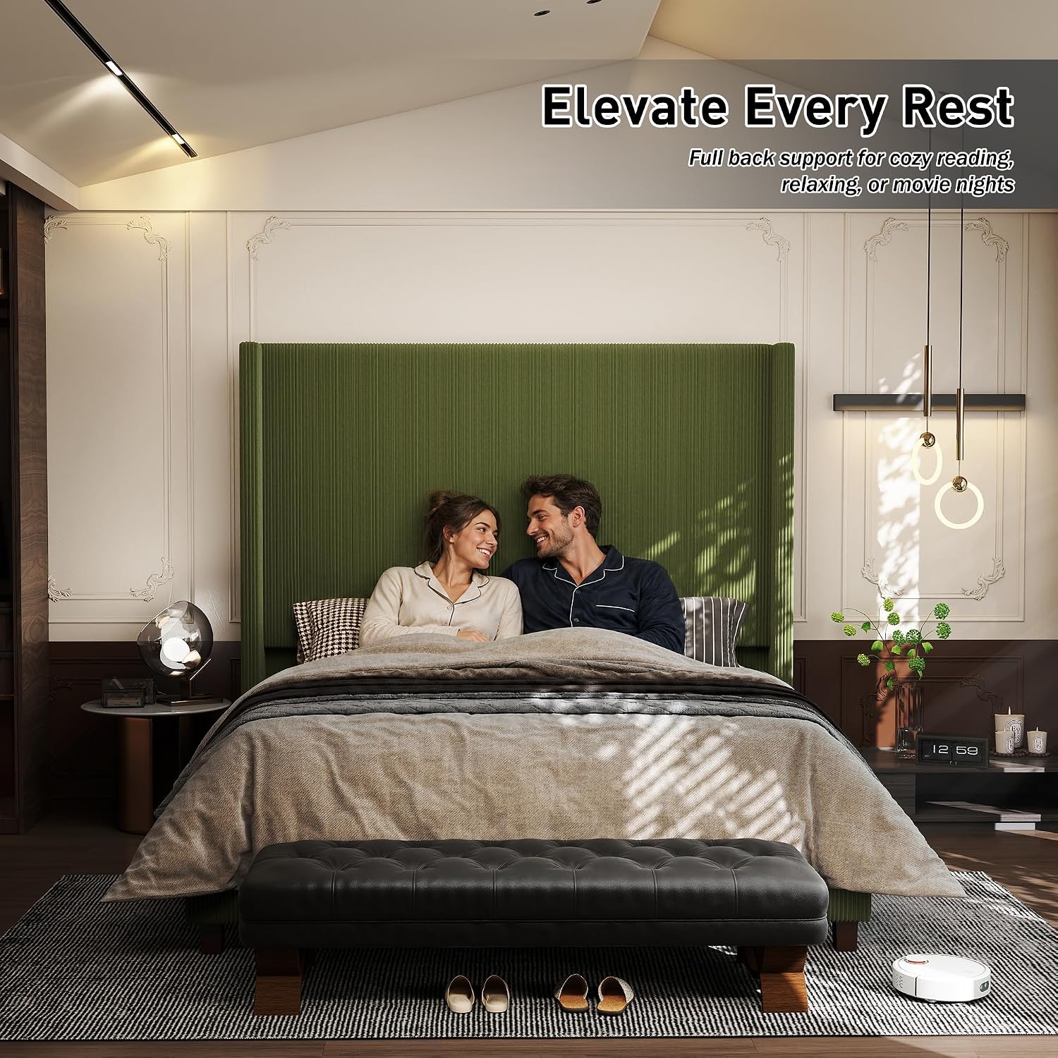 Queen Size Corduroy Upholstered Bed Frame with 65" Tall Headboard,USB Charging Station,Soft Washable Corduroy Cover with Wingback Headboard, Solid Wood Legs/Noise-Free/No Box Spring Needed/Green