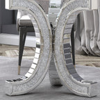 52" Round Glass Pedestal Dining Table with Tempered Glass Top, Mirrored Base with Crushed Diamonds, Modern Centerpiece