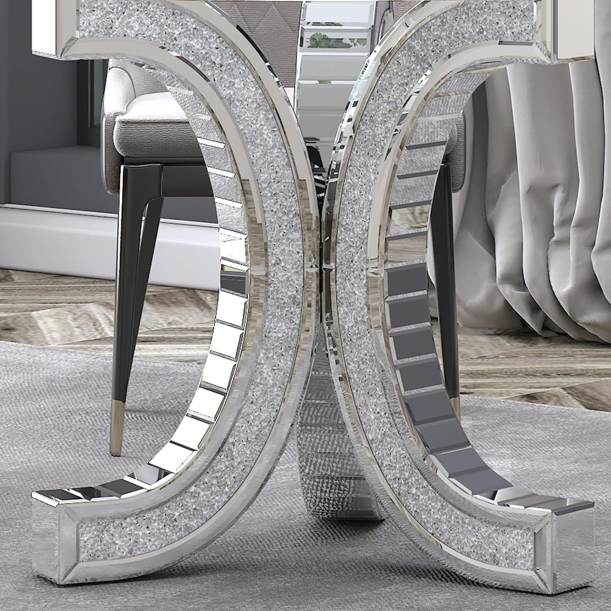 52" Round Glass Pedestal Dining Table with Tempered Glass Top, Mirrored Base with Crushed Diamonds, Modern Centerpiece