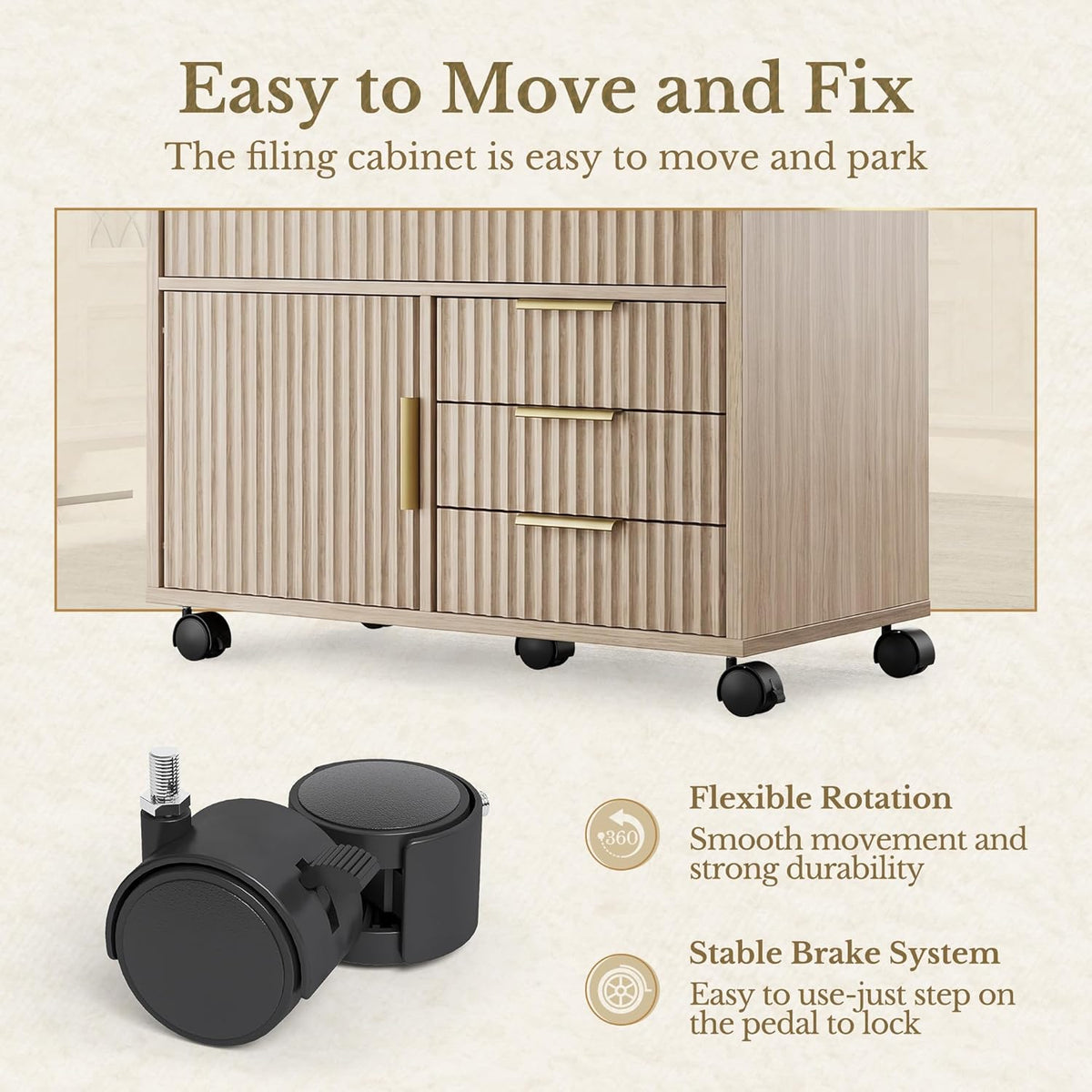 Fluted File Cabinet with 5 Drawers, Large Storage with Cabinet Door, Mobile Filing Cabinet with Locable Wheels for Home Office, Light Oak