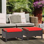 RELAX4LIFE Outdoor Wicker Ottomans for Patio - 2 Pieces PE Rattan Ottoman, Footrest Seat with Zippered Cushions, Acacia Wood Handles, 3-in-1 Footstool, Side Table for Poolside, Backyard (Red)