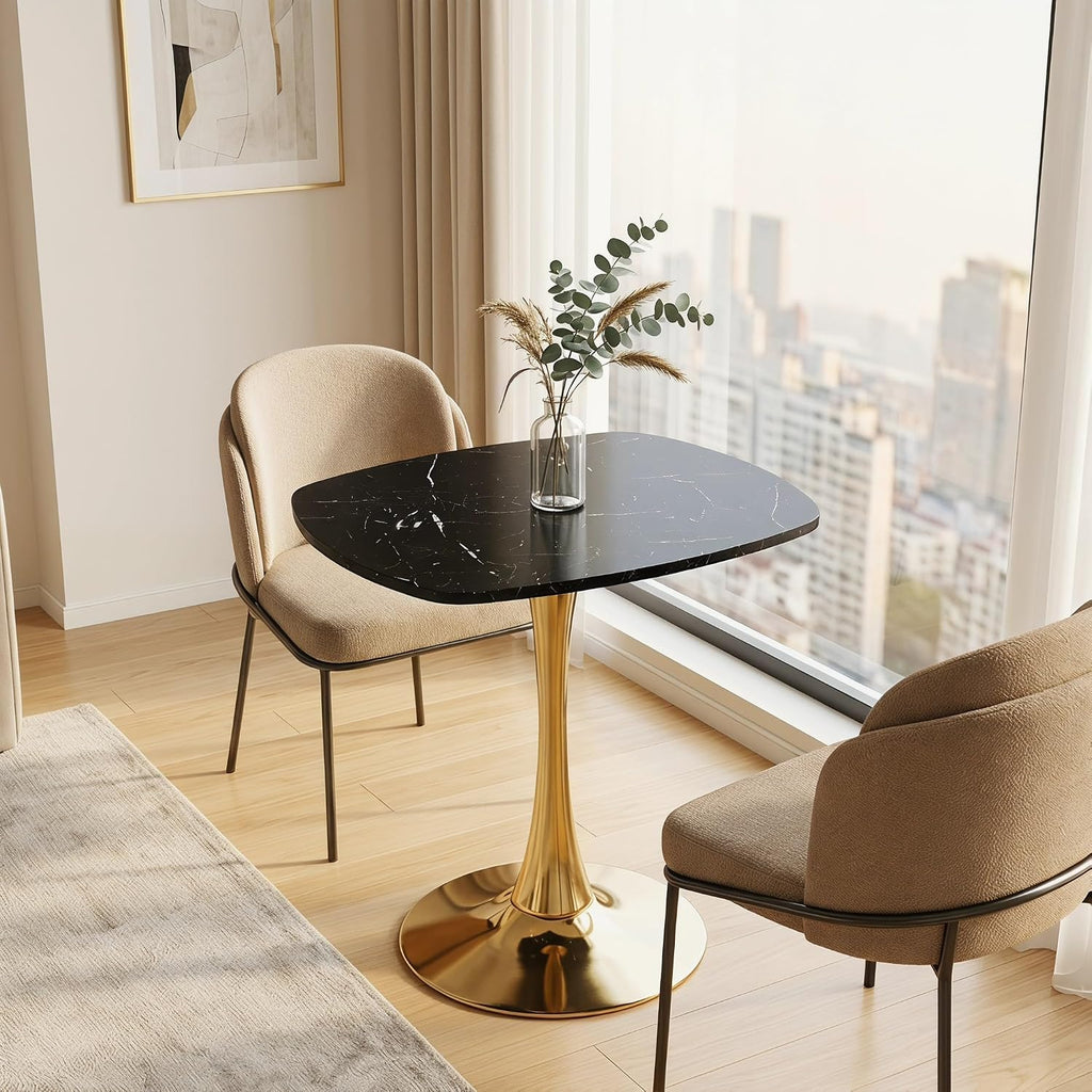 24 Inch Square Tulip Bistro Table for 2-4, Small Dining Table with Gold Metal Pedestal Base, Black Faux Marble Top Kitchen Table, Modern Square Cafe Table for Apartment Living Room Office Small Space