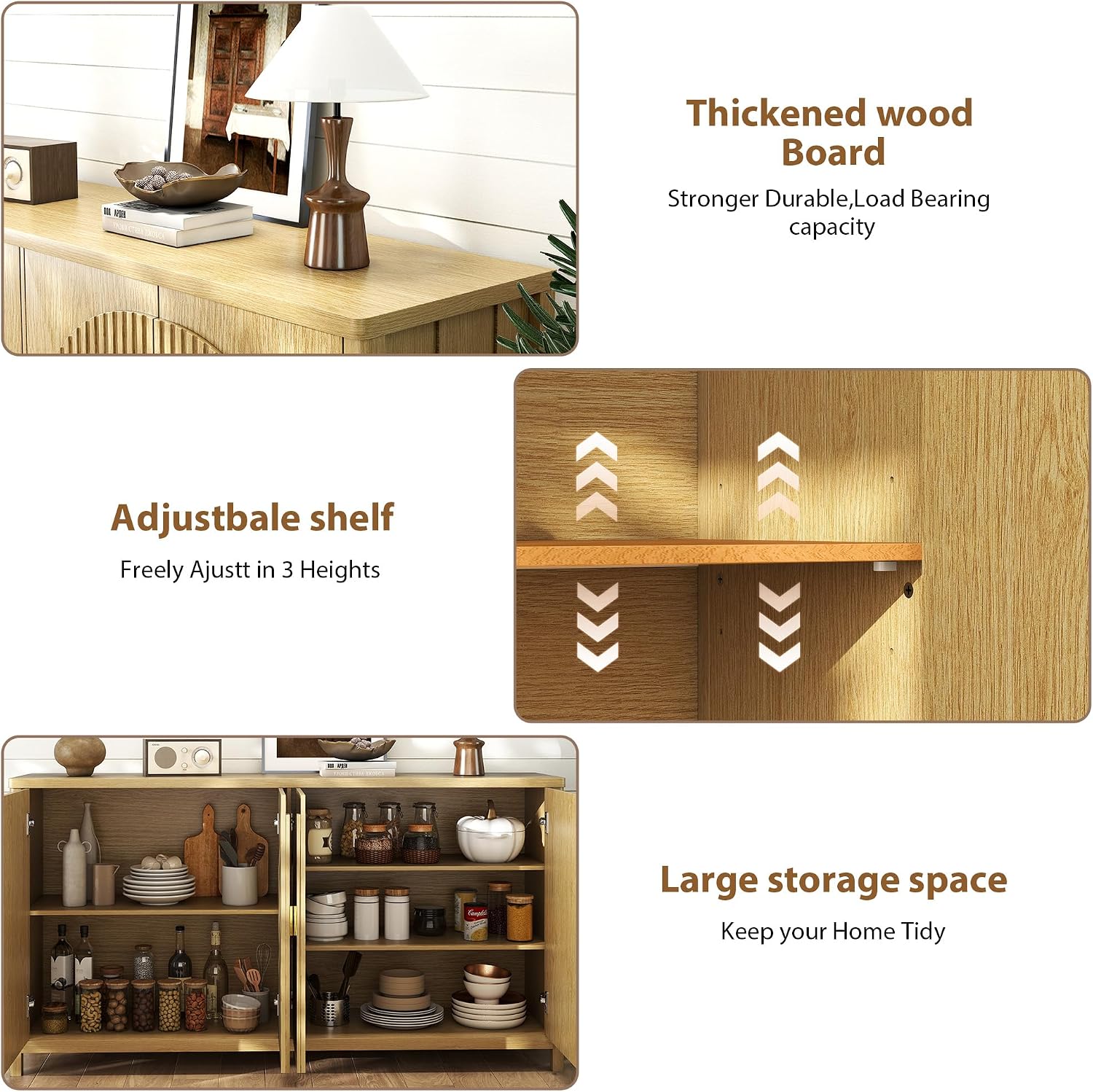 Sideboard Cabinet with Storage - 63” Large Kitchen Buffet Table, Adjustable Shelf & 4 Fluted Doors Farmhouse Coffee Bar for Living Room Dining Room Entryway, Wood
