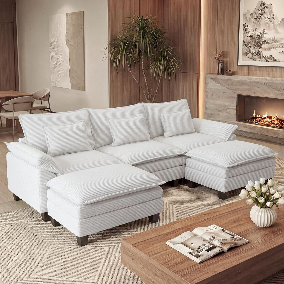 URRED Oversized Modular Sectional Sofa，Solid Beige：122" U Shaped | Modern Comfy Cloud Couch with Movable Ottoman and Pillow, Deep Seat Couches for Living Room, Bedroom or Apartment