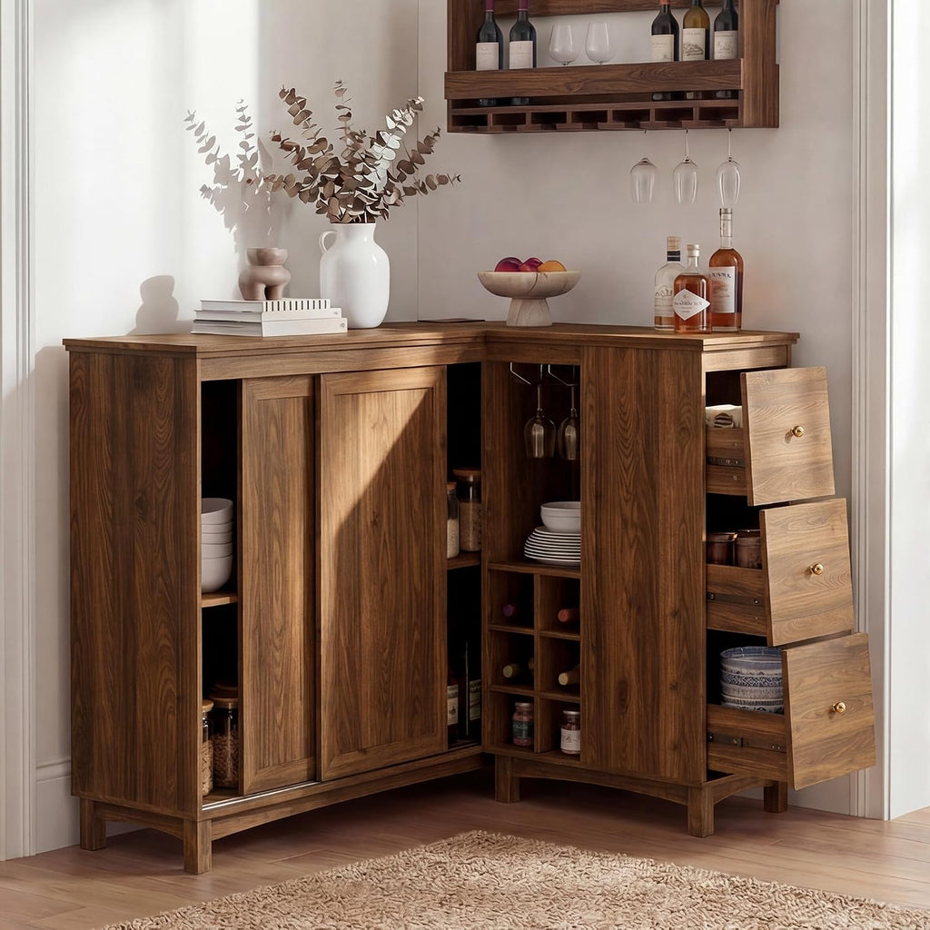 Corner Cabinet with Charging Station,L-Shaped Kitchen Pantry Storage Cabinet with 3 Drawers,Freestanding Kitchen Pantry Cabinets with Wine Rack,Glass Rack,Sliding Door for Dining Room (Walnut)