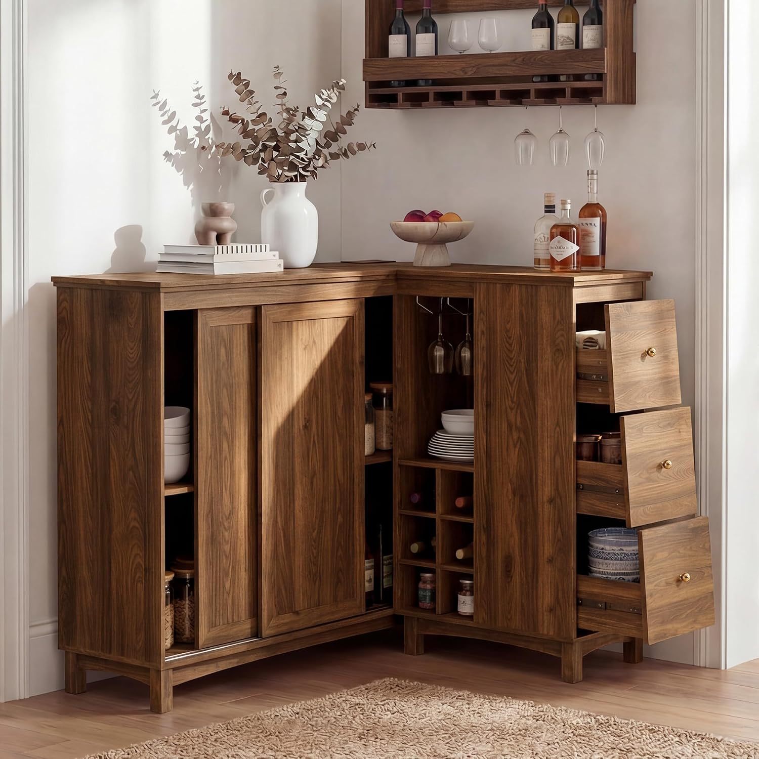 Corner Cabinet with Charging Station,L-Shaped Kitchen Pantry Storage Cabinet with 3 Drawers,Freestanding Kitchen Pantry Cabinets with Wine Rack,Glass Rack,Sliding Door for Dining Room (Walnut)