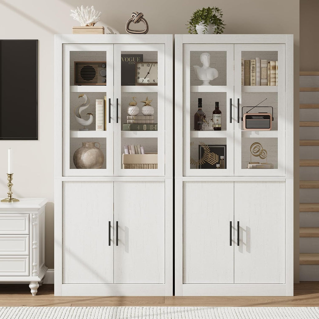 Garvee Tall Kitchen Pantry Cabinet, Farmhouse Wood Storage Cabinet with 4 Doors and Adjustable Shelves, Sturdy Frame, 70.45" Large Office Bookcase Cabinets for Kitchen, Dining, Office, Rustic White