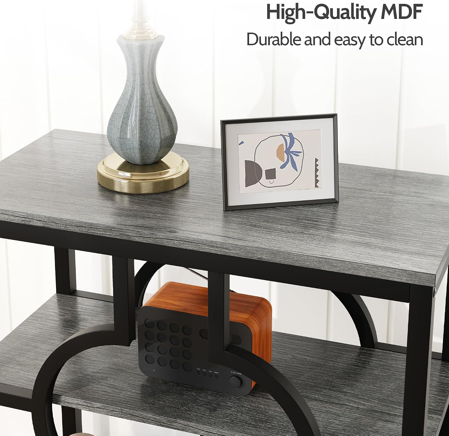 End Table, Narrow Side Table with 3-Tier Storage Shelves, Wood Sofa Side Table with Geometric Metal Frame for Living Room, Industrial Bedside Nightstand for Bedroom (1, Gray)