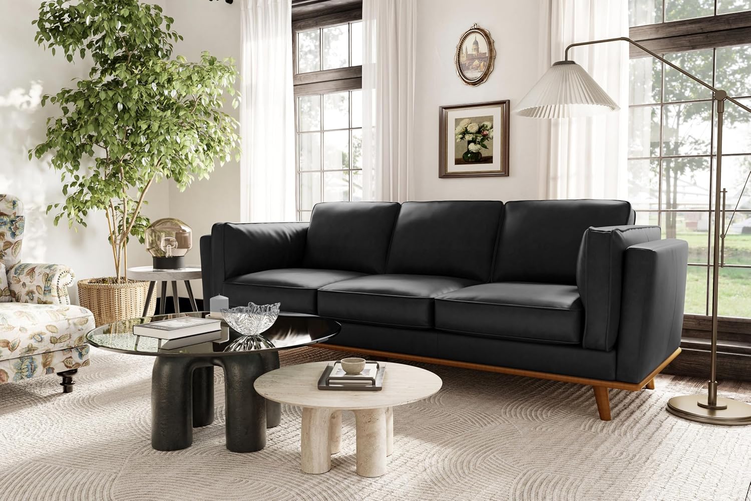 Valencia Artisan Full Leather Sofa 88” | Pure Full Italian Nappa Leather Couch, Solid Wood Accent, Ultimate Comfort, Black