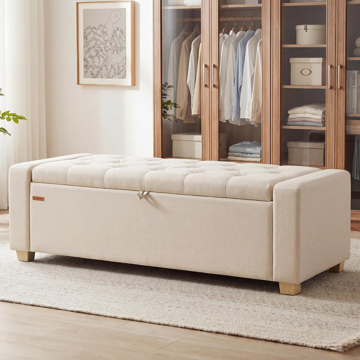 SONGMICS Storage Ottoman, 48 Inches Long Bed End Stool, Solid Wood Legs | Buttons Decoration, Non-Slip Foot Pads, 661.4 lb Load Capacity, Summer Sand, MACEO Collection ULOM511LF01