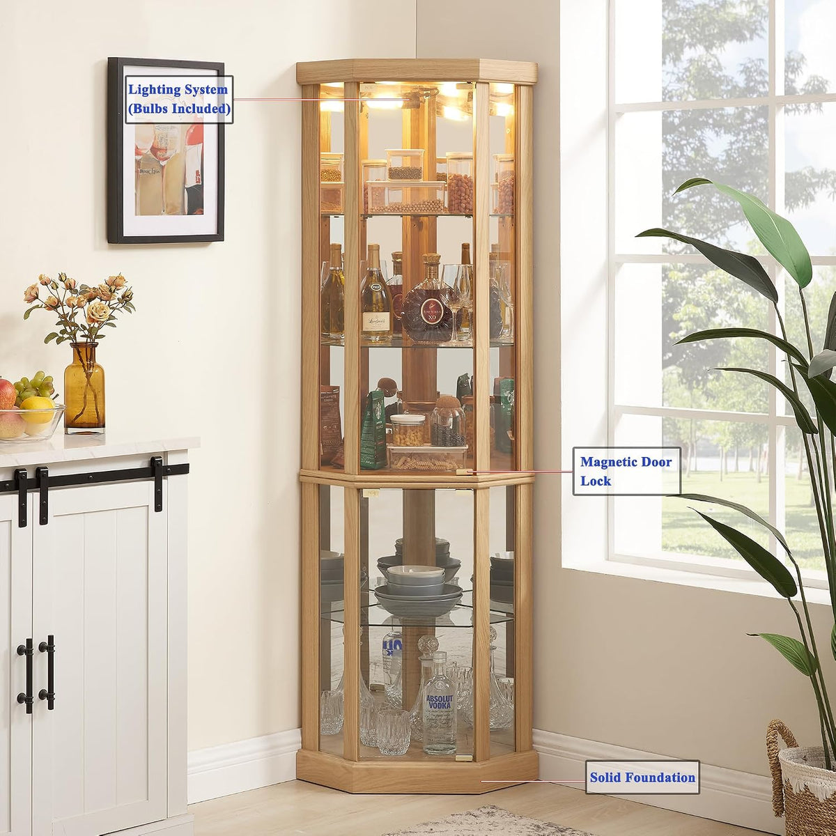 69" H Lighted Corner Display Cabinet, Curio Corner Glass Cabinet w/Adjustable Shelves & Glass Door, 5-Tier Wooden Storage Display Case w/Mirrored Back Pane for Living Room(Light Oak)