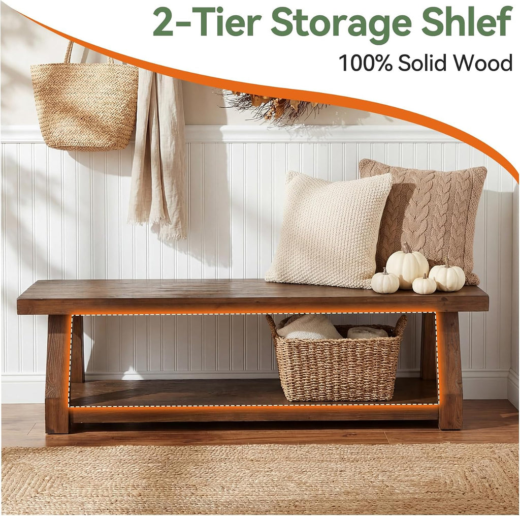 63" Solid Wood Bench, 2-Tier Entryway Bench with Shoe Storage, Rustic Hallway Accent Benches for Entryway, Living Room, Mudroom, Easy Assembly, Rustic Dark Brown