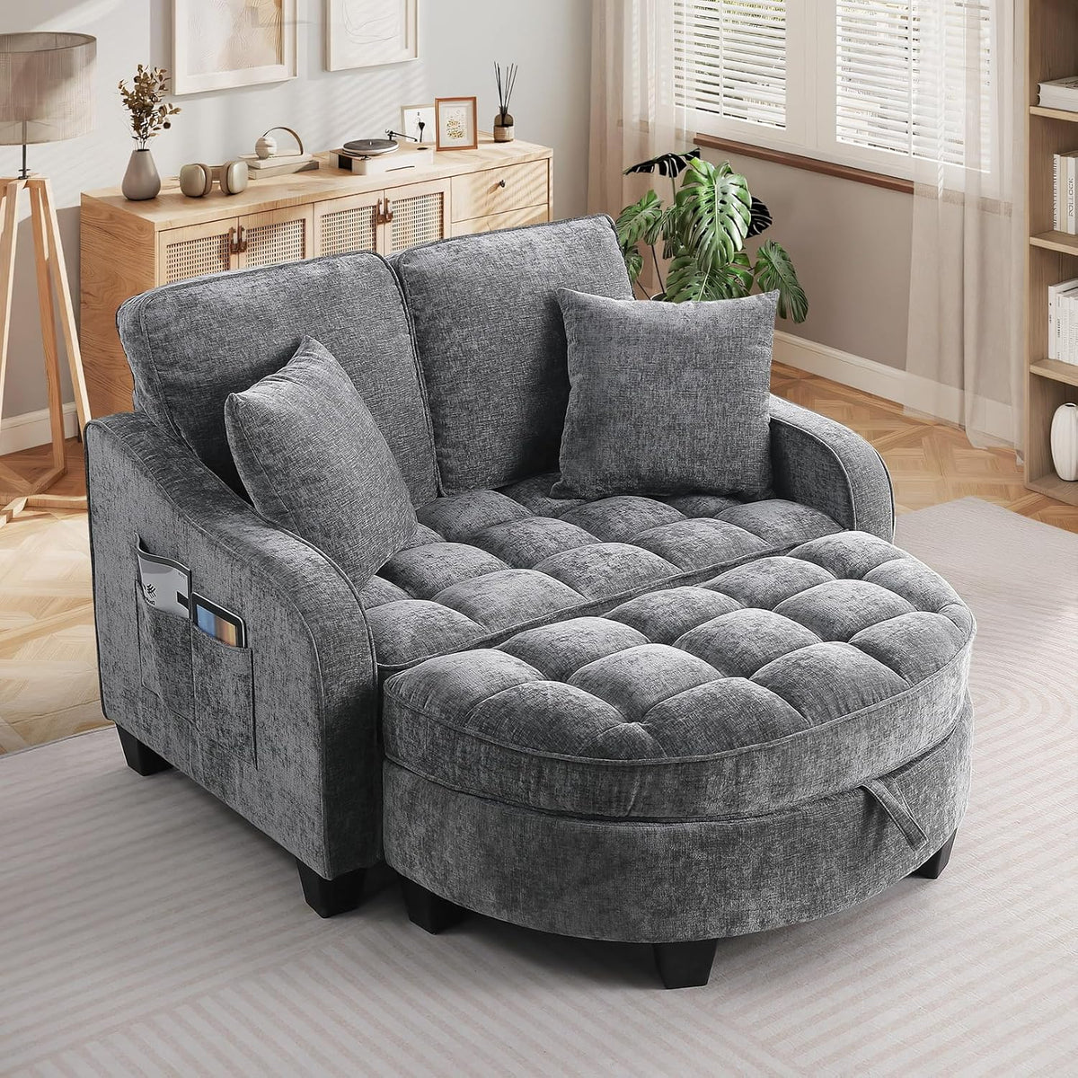 Oversized Chaise Lounge Chair Indoor with Ottoman, Chenille Tufted Comfy Loveseat Sofa Chair with Adjustable Backrest, Fluffy Recliner Sofa, Convertible Couch Sleeper Bed for Living Room(51"W, Grey)