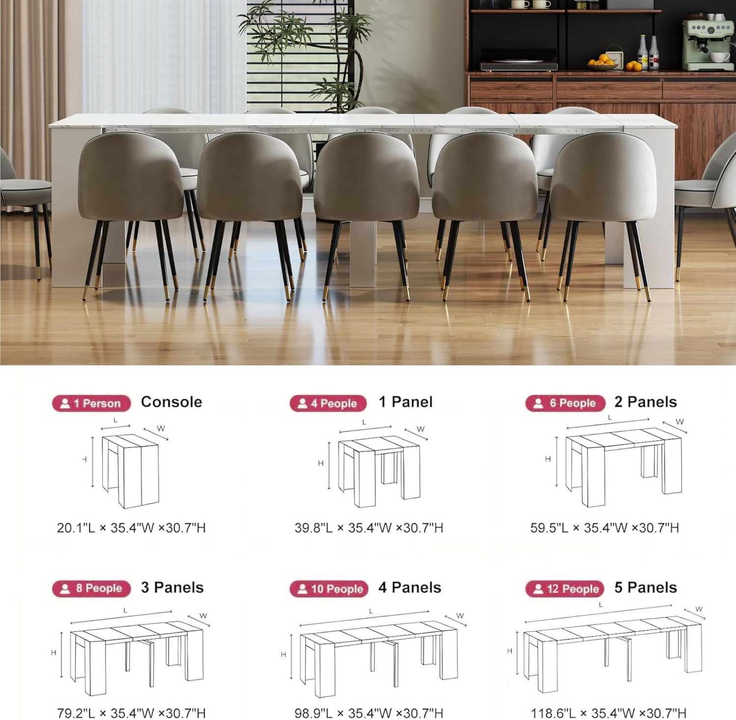 Extendable Dining Table, Transformer Console Table for 1-12 People, Folding Space Saving Dining Room Table for Homes, Apartments, Marble White