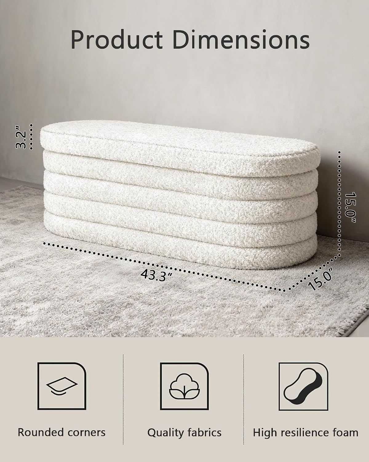 GLAXYFUR Storage Ottoman Bench, 43" Entryway Shoe Seat, Sherpa White | Upholstered Oval Ottoman with Storage, End of Bed Stool Blanket Chest, For Living Room, Hallway