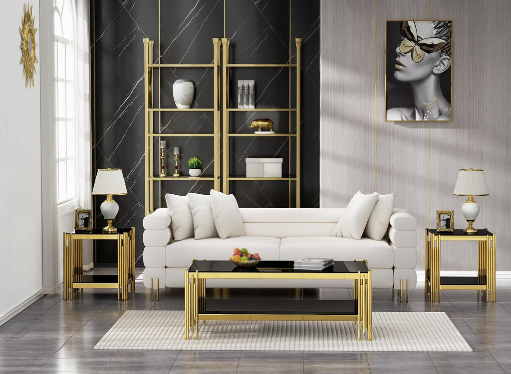 Henf 3-Piece Black Glass Living Room Table Set, 2-Tier Glass Coffee Table & 2 End Tables, Luxury Gold Coffee Table Set of 3 with Shining Golden Frame for Living Room Apartment Office