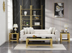 Henf 3-Piece Black Glass Living Room Table Set, 2-Tier Glass Coffee Table & 2 End Tables, Luxury Gold Coffee Table Set of 3 with Shining Golden Frame for Living Room Apartment Office