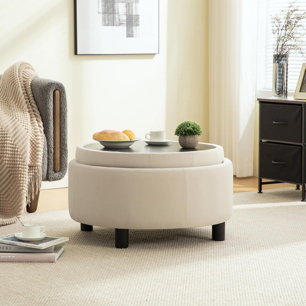 Round Storage Ottoman 29.33" with Reversible Lid - Fleece Fabric Upholstered Hand-Pulled Buckle Decoration Footstool, Storage Stool for Living Room, Bedroom, Office (Beige)