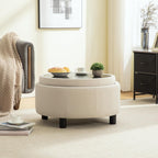 Round Storage Ottoman 29.33" with Reversible Lid - Fleece Fabric Upholstered Hand-Pulled Buckle Decoration Footstool, Storage Stool for Living Room, Bedroom, Office (Beige)