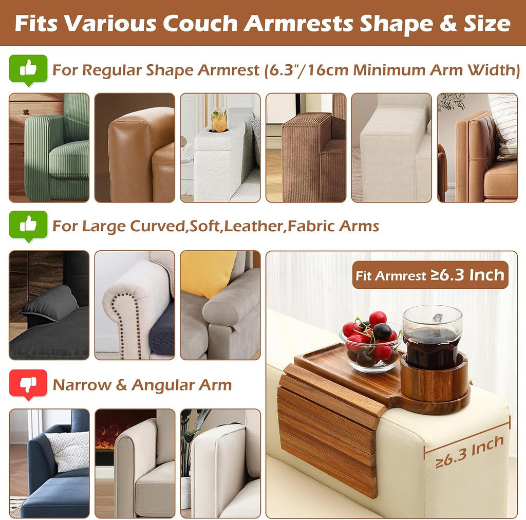 GHKINMAL Couch Cup Holder Tray, Acacia Wood Couch Armrest Table with 360° Ratated Phone Holder, 18.99" Flodable Anti-Slip Sofa Armrest Tray Tables for Snacks Remote Storage