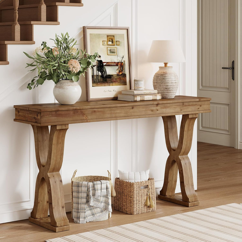 63-Inch Solid Wood Console Table, Farmhouse Entryway Table with X-Shaped Legs, Long Sofa Table for Living Room, Hallway, or Foyer, Easy Assembly, Anti-tip Kits