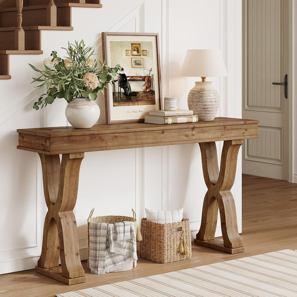 63-Inch Solid Wood Console Table, Farmhouse Entryway Table with X-Shaped Legs, Long Sofa Table for Living Room, Hallway, or Foyer, Easy Assembly, Anti-tip Kits