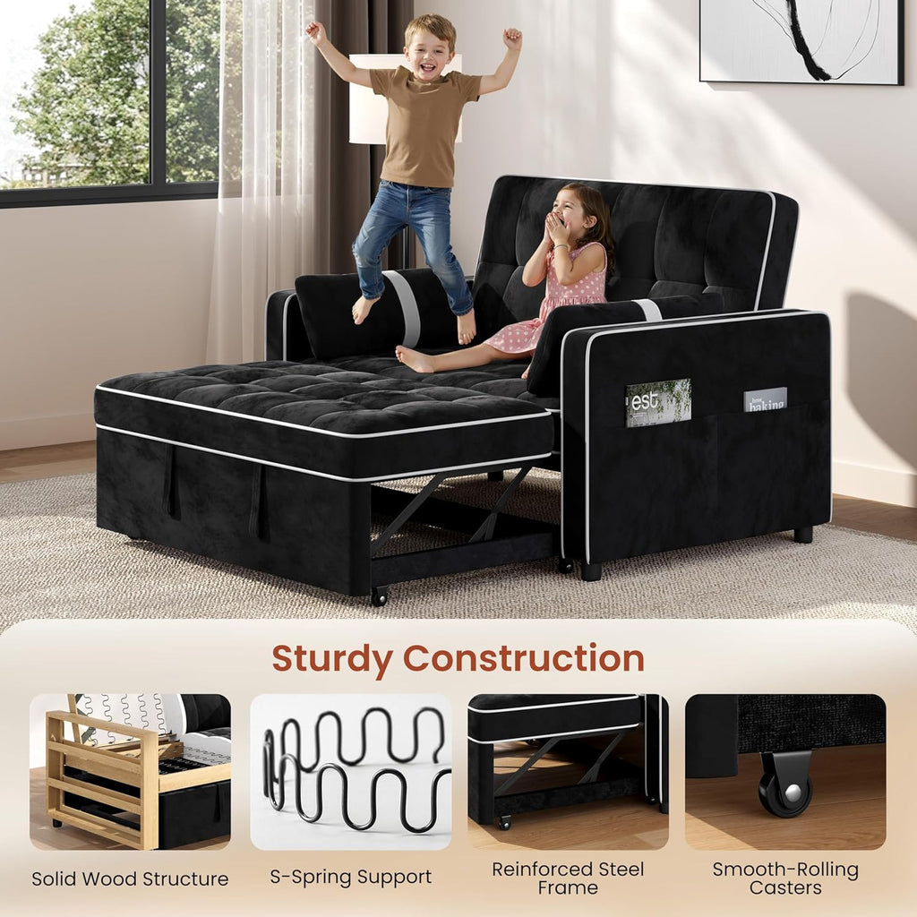 Yaheetech 3 in 1 Sofa Bed Convertible Velvet Sofa Pull Out Couch Folding Loveseat Sleeper with Adjustable Backrest, Armrest Pillows, USB Ports, Side Pockets for Living Room Bedroom Apartment, Black
