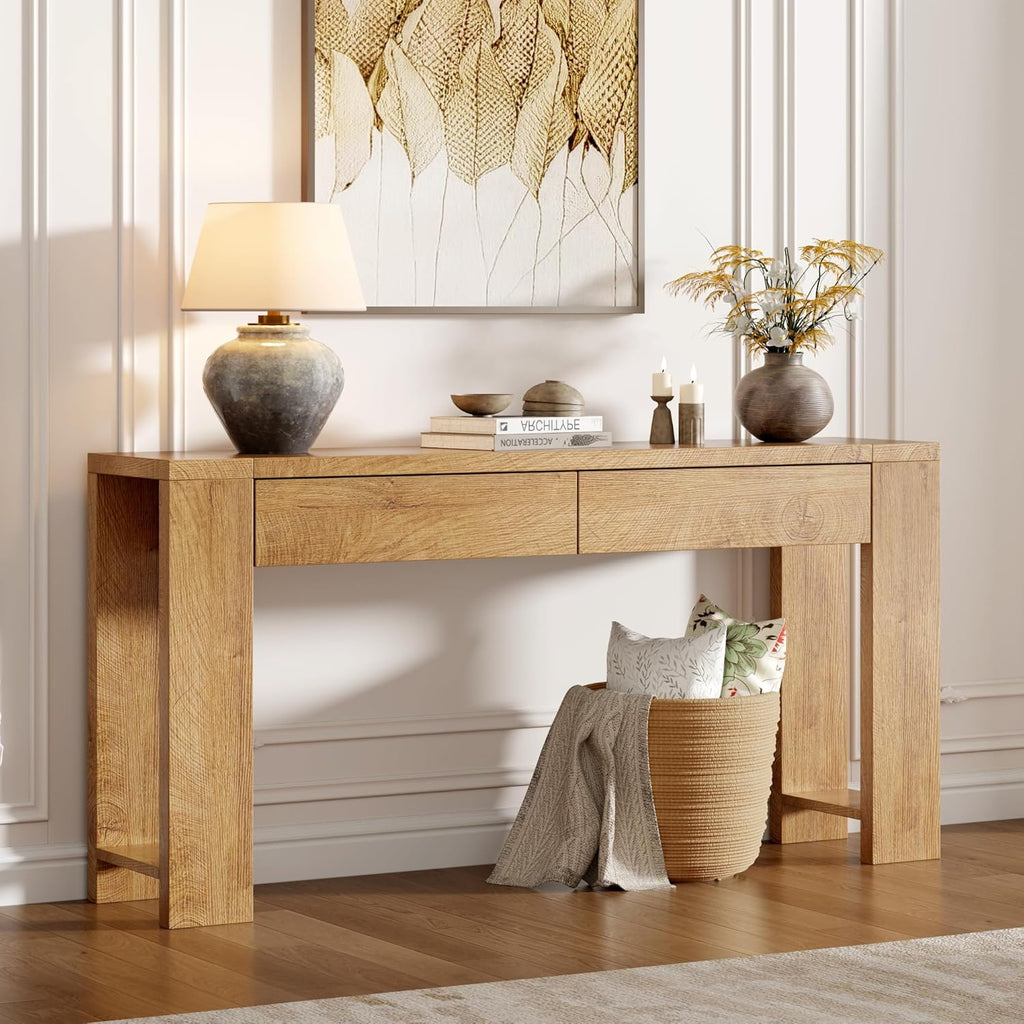Furologee 60 inch Long Entryway Console Table with Drawers, Farmhouse Sofa Table Behind Couch, Entrance Accent Table for Hallway, Living Room, Foyer, Bedroom, Wooden Thick Tabletop (Natural)