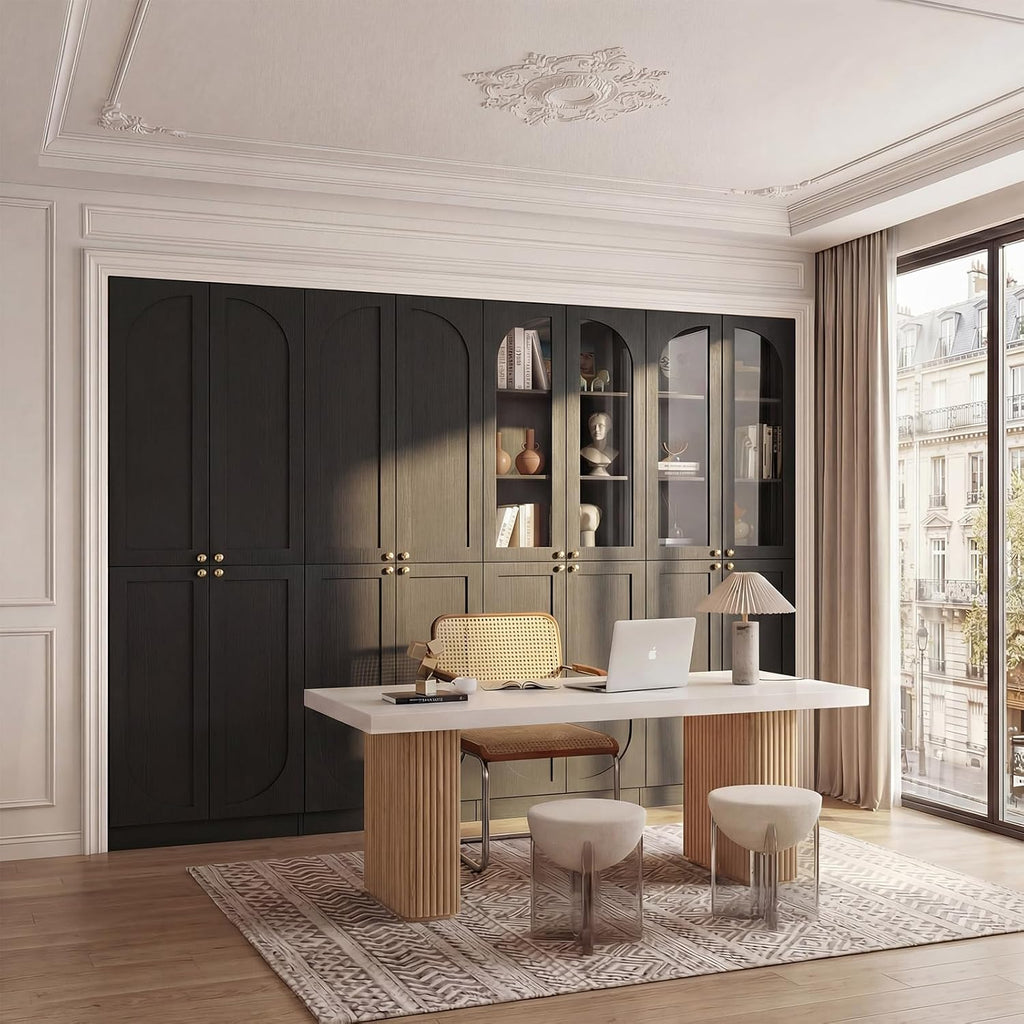 Cyclysio 80" Tall Kitchen Pantry, Wide Arch Storage Cabinets with 4 Glass Doors and Adjustable Shelves, Freestanding Wood Floor Cupboard with Seamless Fit Wall for Living Room, Dining Room