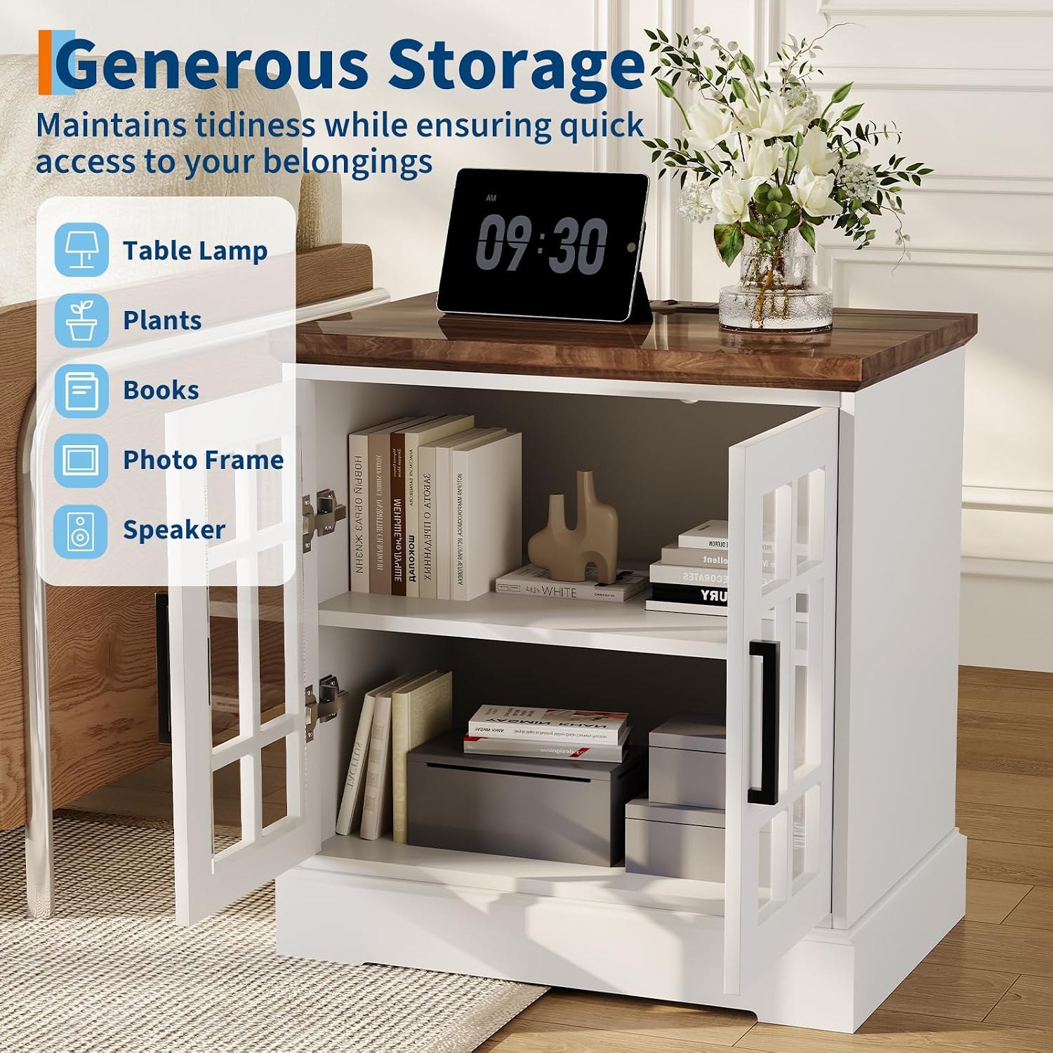 24" Farmhouse Nightstand with Charging Station, End Table with Tempered Glass Doors and Adjustable Shelf, Wood Square Side Table, Bedside Cabinet for Bedroom,Living Room- White