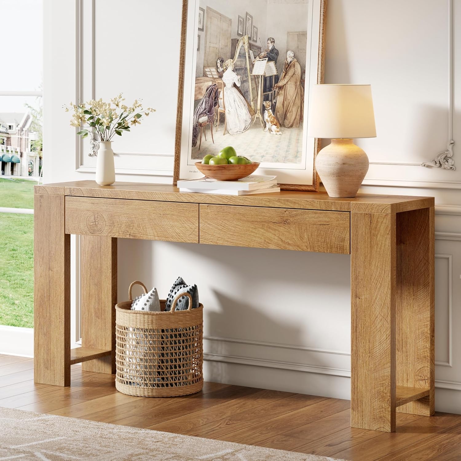 Furologee 60 inch Long Entryway Console Table with Drawers, Farmhouse Sofa Table Behind Couch, Entrance Accent Table for Hallway, Living Room, Foyer, Bedroom, Wooden Thick Tabletop (Natural)