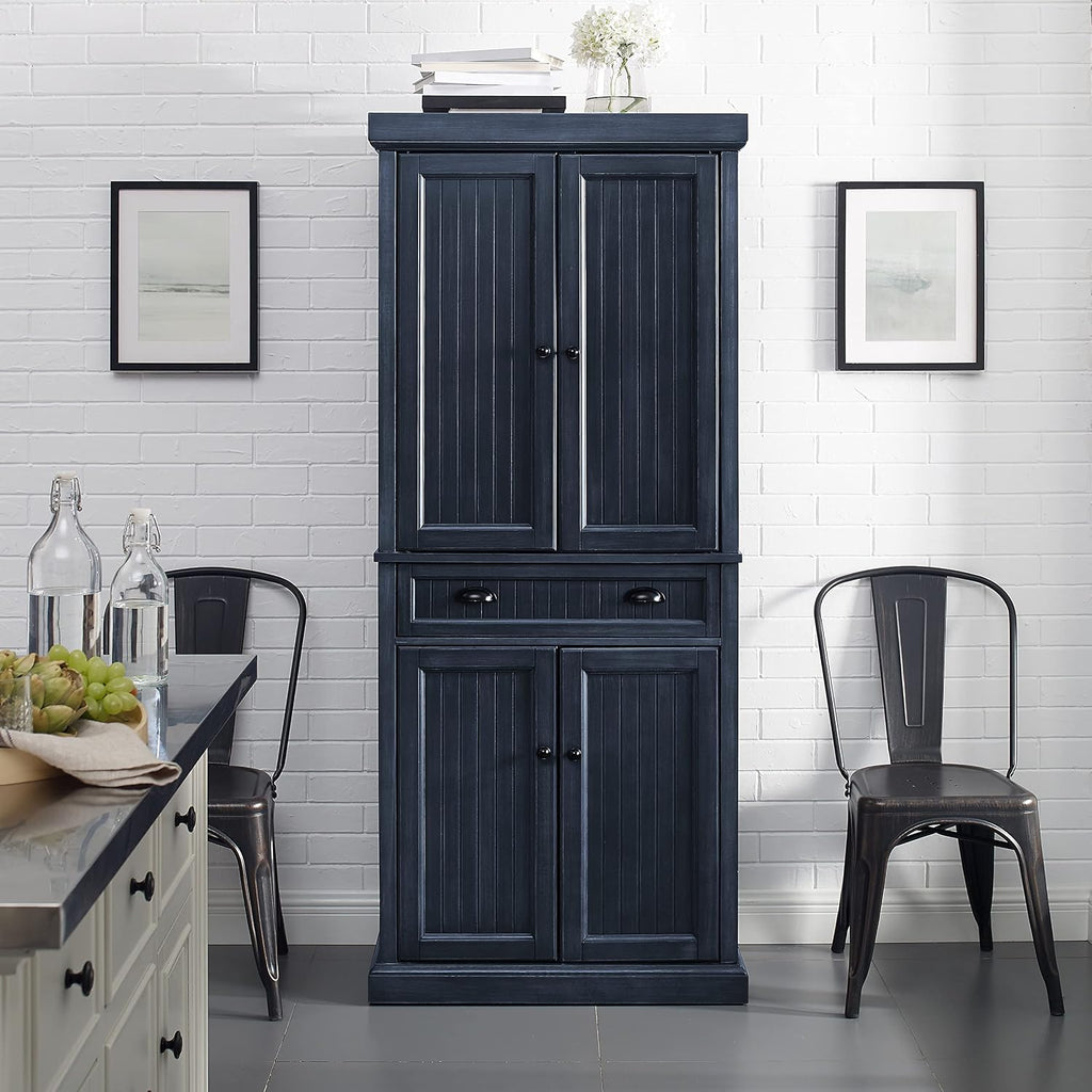 Crosley Furniture Seaside Coastal Pantry Storage Cabinet with Shelves, Kitchen, Dining, or Laundry Room, Distressed Navy