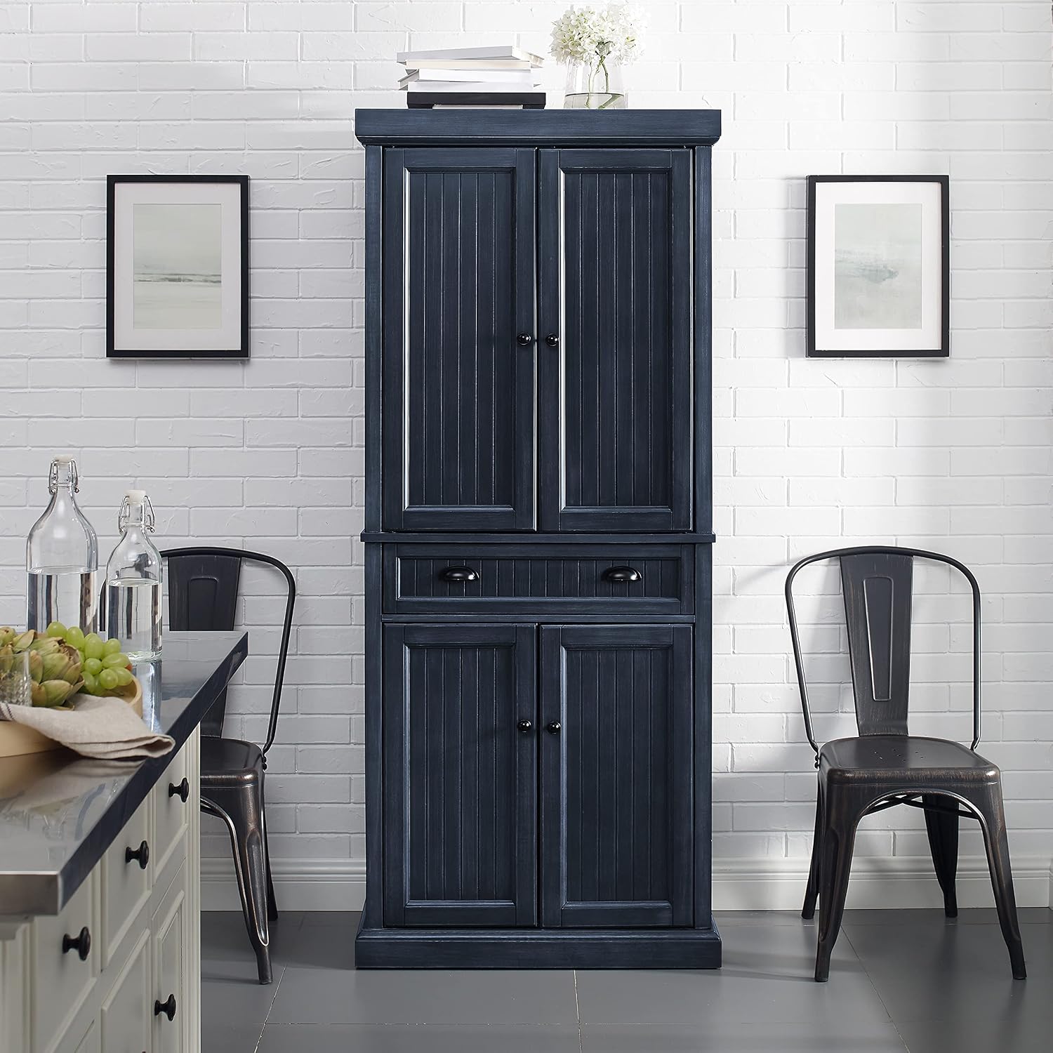 Crosley Furniture Seaside Coastal Pantry Storage Cabinet with Shelves, Kitchen, Dining, or Laundry Room, Distressed Navy