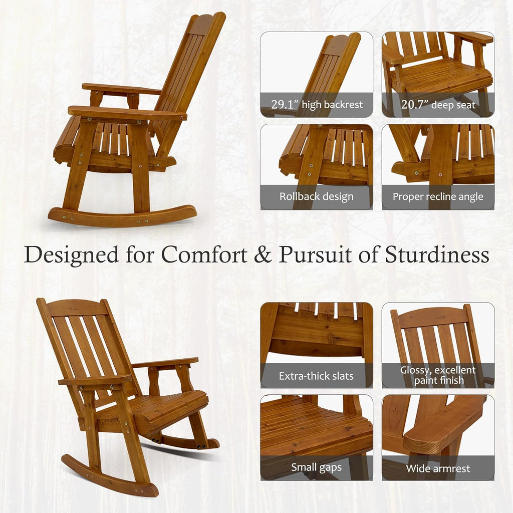 Wooden Patio Rocking Chair with Comfortable Backrest Inclination, High Backrest and Deep Contoured Seat, Solid Fir Wood, Heavy Duty 600 LBS, for Both Outdoor and Indoor (Natural)