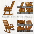 Wooden Patio Rocking Chair with Comfortable Backrest Inclination, High Backrest and Deep Contoured Seat, Solid Fir Wood, Heavy Duty 600 LBS, for Both Outdoor and Indoor (Natural)