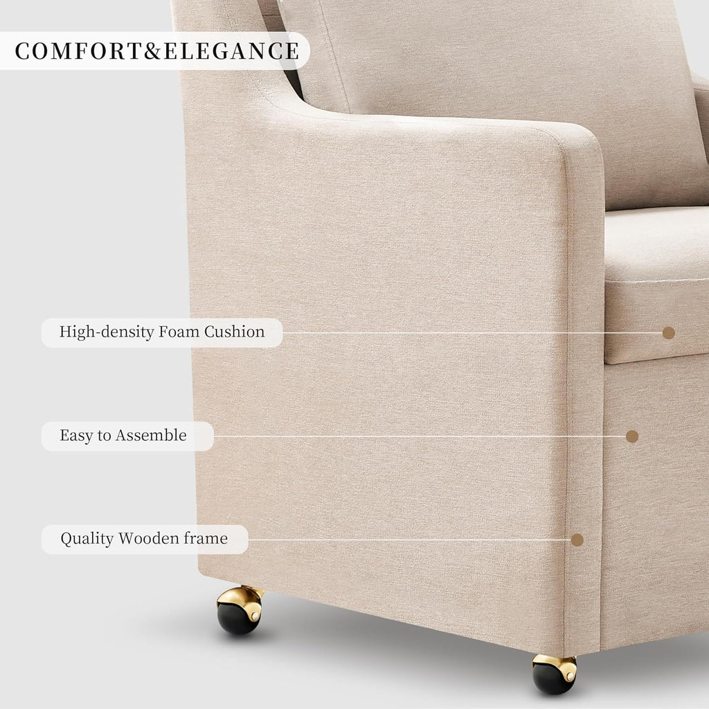 Modern Dining Chair, Linen Upholstered Dining Chairs with Back Pillow and 4 Casters, Accent Armchair for Reading Room Living Room Bedroom (Beige-1 Seat)