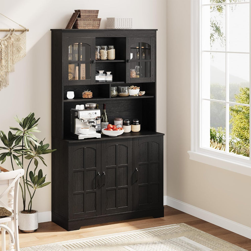 Spacious Storage & Modern Design Pantry Cabinet with Hutch – 70.9'' Tall Kitchen Cabinet – Glass Doors, Built-in Charging Station – Ideal for Dining Room – Black Color