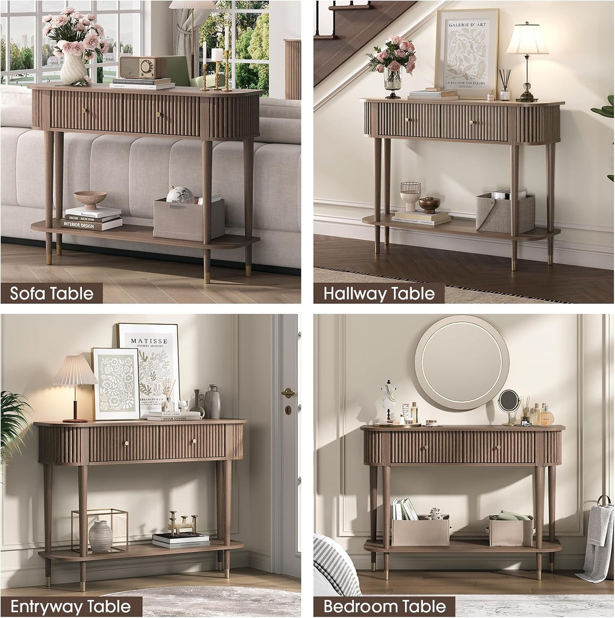 JOINICE 43" Entryway Table with Drawers,Fluted Console Table with Storage Shelf,Narrow Sofa Table for Living Room,Hallway,Foyer,Walnut