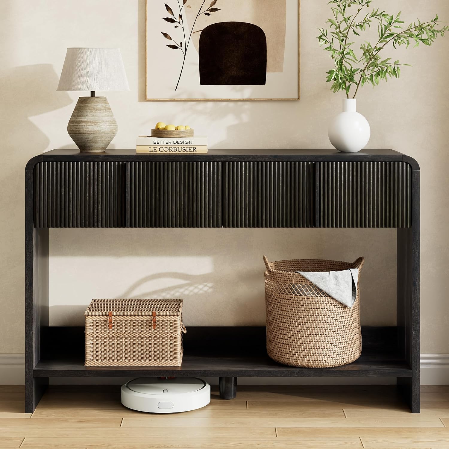 AMERLIFE 45" Fluted Entryway Console Table with 2 Drawers and Open Shelf | Modern Entryway Table with Rounded Edges, Wood Sofa Table for Hallway, Foyer, Behind Couch, Living Room, Black