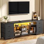 Furologee LED TV Stand for 65, 70 Inch TV, 63 Inch Entertainment Center with Power Outlets, 6 Fabric Drawers Dresser for Bedroom, Media Console with Open Shelves, PU Leather Surface, Black | TV Stand for 65, 70 Inch TV, TV Console with Power Outlets & 6