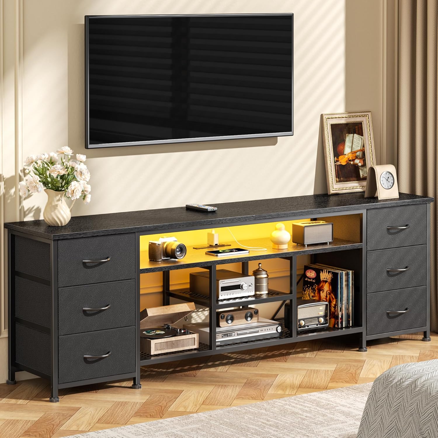 Furologee LED TV Stand for 65, 70 Inch TV, 63 Inch Entertainment Center with Power Outlets, 6 Fabric Drawers Dresser for Bedroom, Media Console with Open Shelves, PU Leather Surface, Black | TV Stand for 65, 70 Inch TV, TV Console with Power Outlets & 6