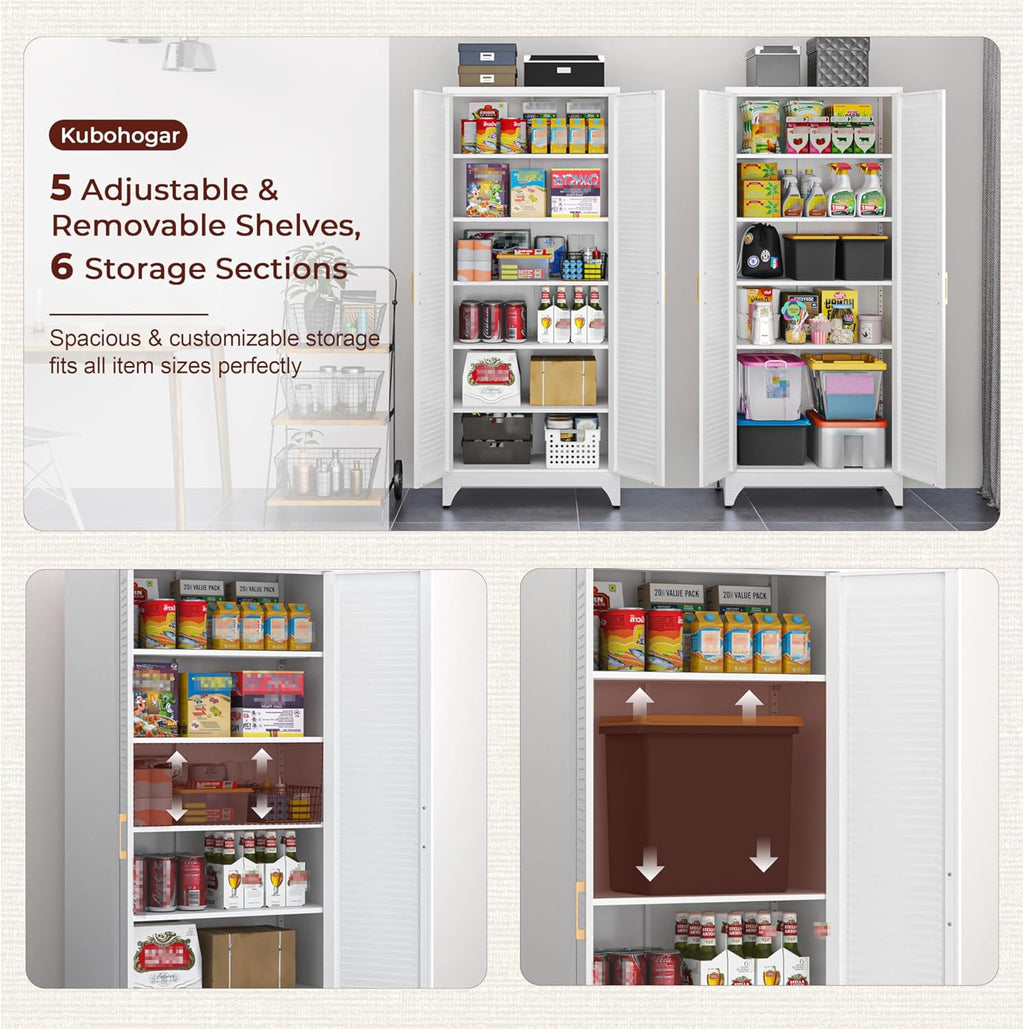 Kitchen Pantry Cabinet, 75" Tall White Metal Storage Cabinet with Doors and Shelves, Kitchen Cabinet for Kitchen, Dining Room, Living Room, Bathroom, Garage and Office